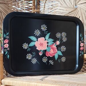 Vintage metal serving tray with hand painted floral